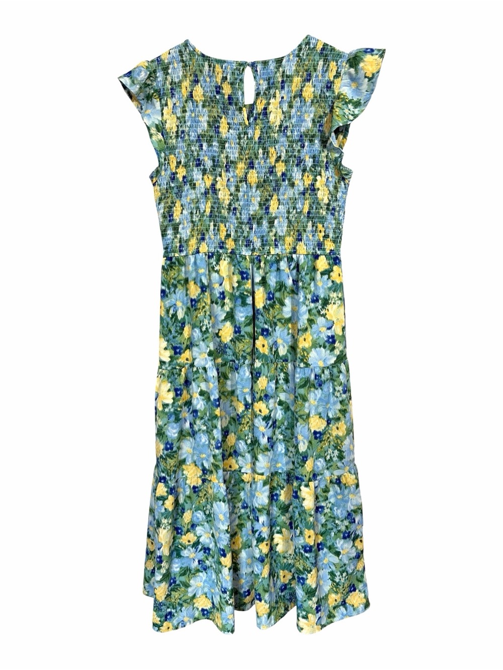 Blu Pepper Vibrant Blue Green and Yellow Smocked Top Midi Dress Size Large - Picture 8 of 9